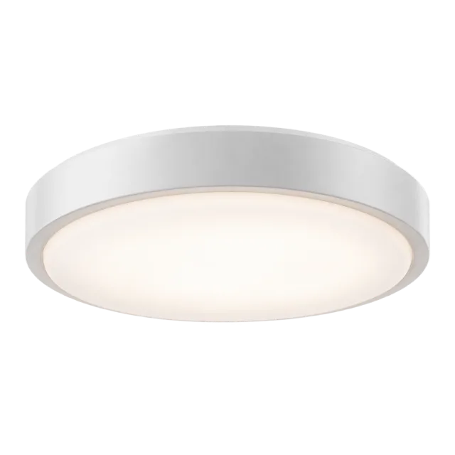 Round white flush ceiling light with a softly glowing diffuser