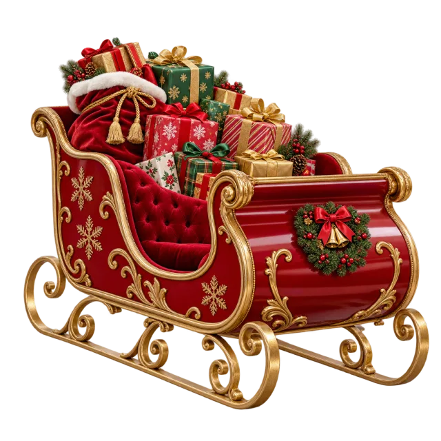 An ornate red sleigh with gold runners loaded with wrapped gifts