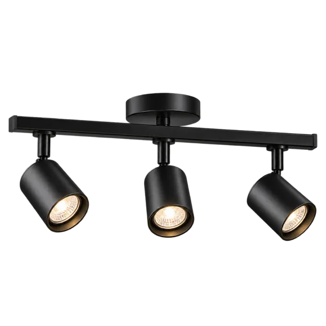 Black ceiling track bar with three adjustable spotlights