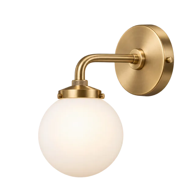 Brass-colored wall sconce with a curved arm and frosted globe shade