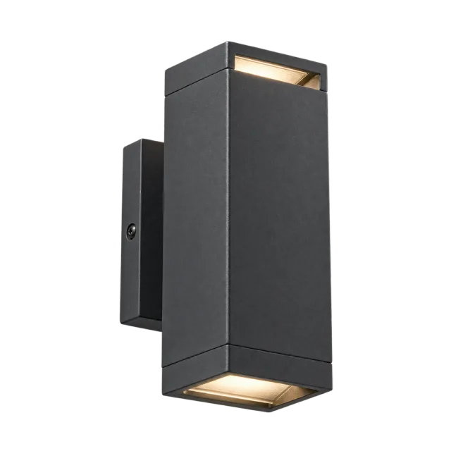 Tall black rectangular wall light with illuminated top and bottom openings