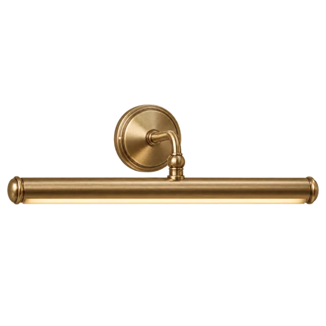 Brass-colored picture light with a long horizontal bar and round wall mount