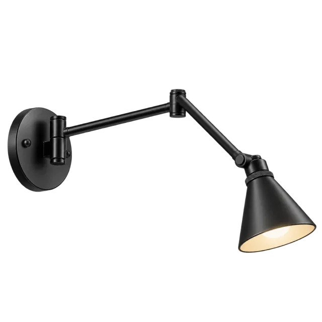 Black adjustable wall lamp with an articulated arm and cone shade