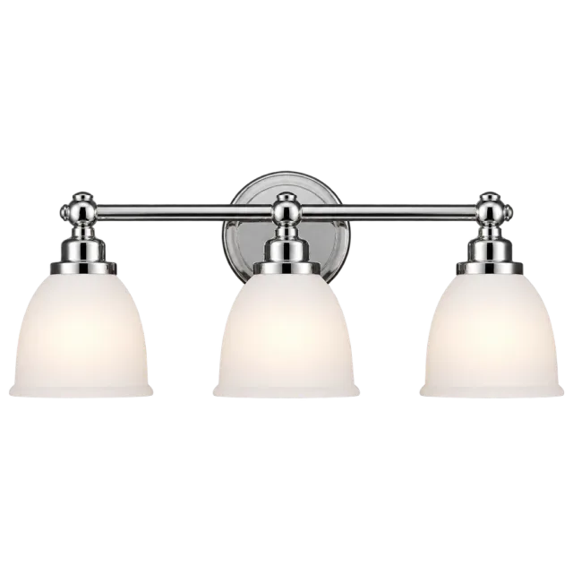 Chrome-style bathroom vanity fixture with three downward-facing frosted shades