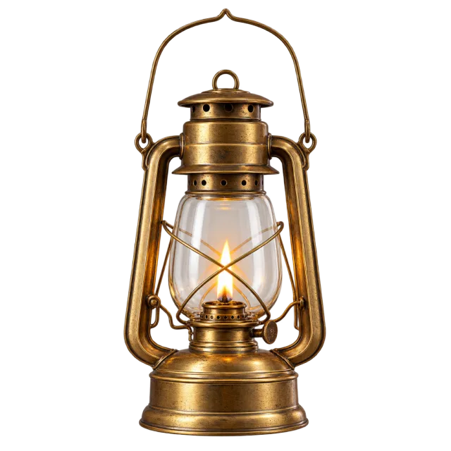 Antique brass-colored oil lantern with a glass chamber and curved carrying handle