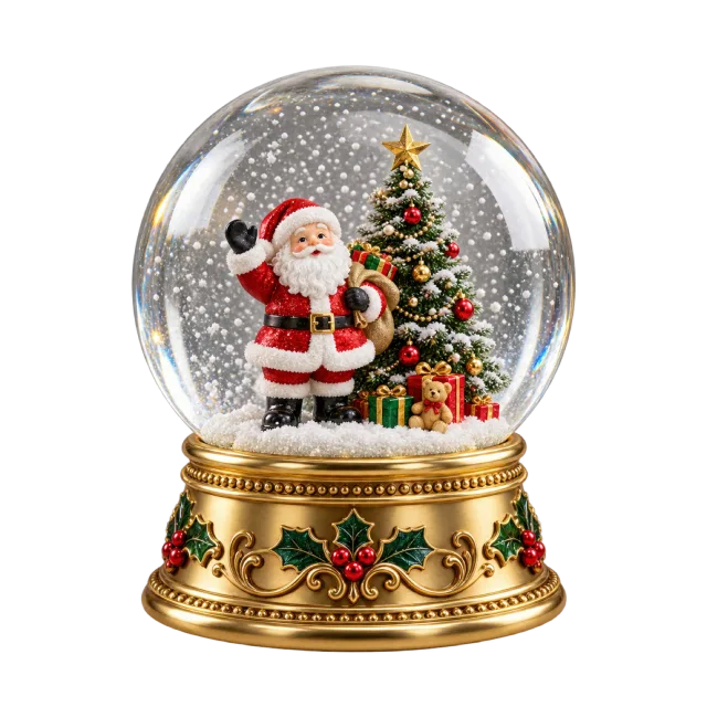 A glass snow globe containing Santa and a Christmas tree on a decorated gold base