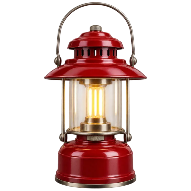 Red camping lantern with a clear cylindrical chamber and metal handle