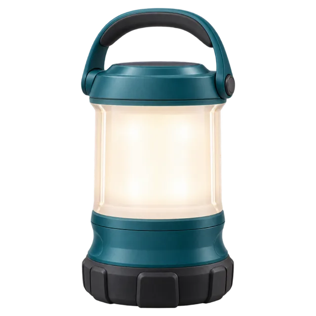 Teal portable LED-style lantern with a glowing frosted chamber and carrying handle