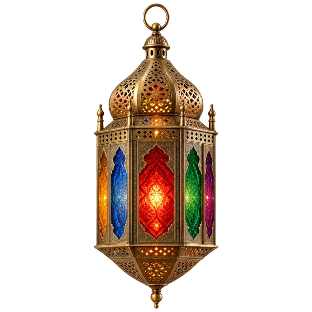 Ornate Moroccan-style lantern with perforated gold-colored metal and multicolored glass