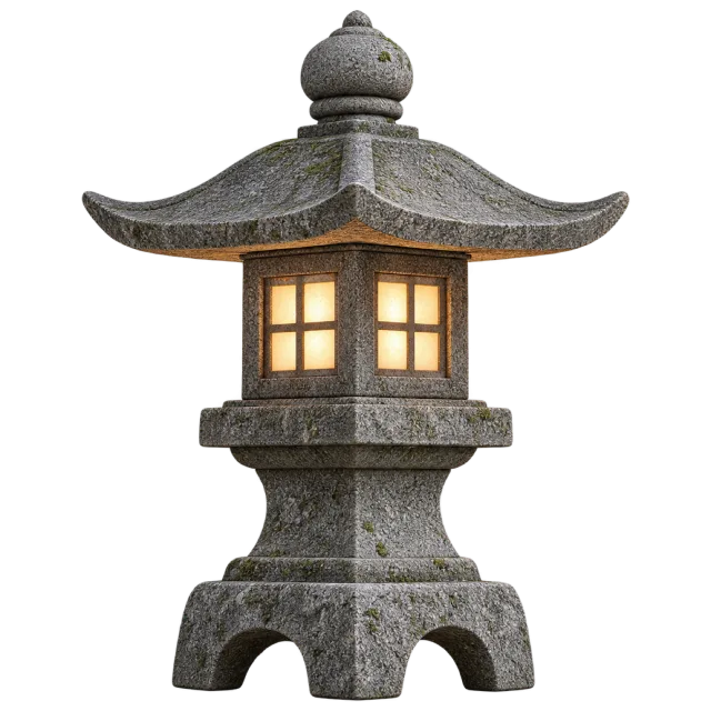 Grey Japanese-style stone lantern with a curved roof and glowing window panels
