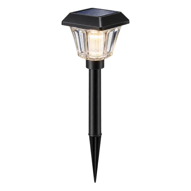 Black solar garden stake light with a square top and clear lamp chamber