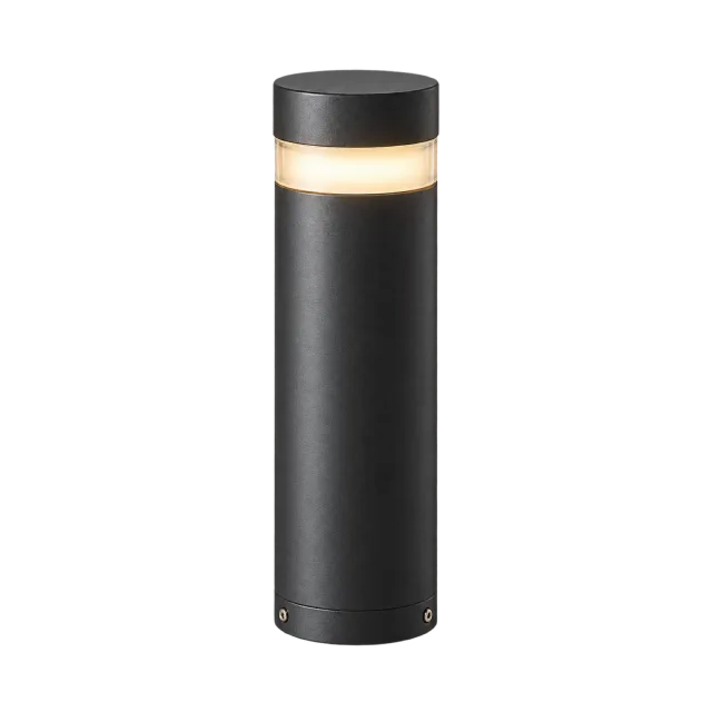 Black cylindrical path light with a glowing band near the top