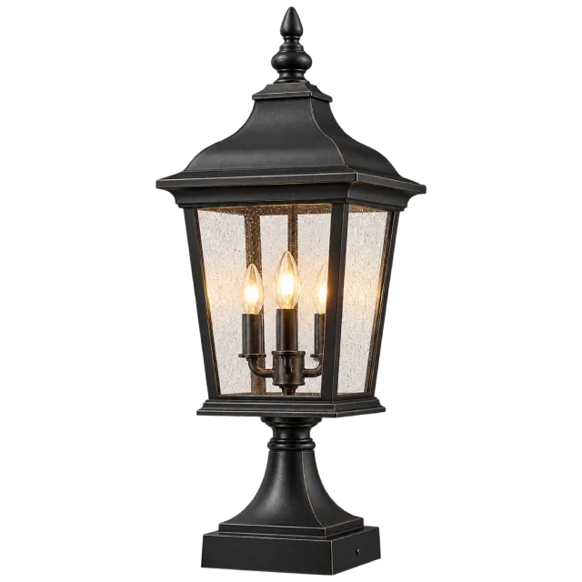 Black outdoor post lantern with glass panels and candle-style bulbs