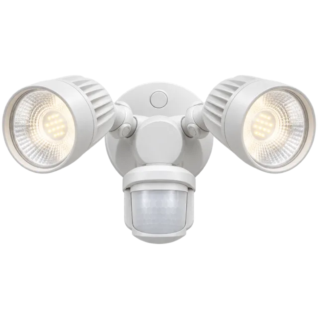 White security floodlight with two adjustable heads and a central motion sensor