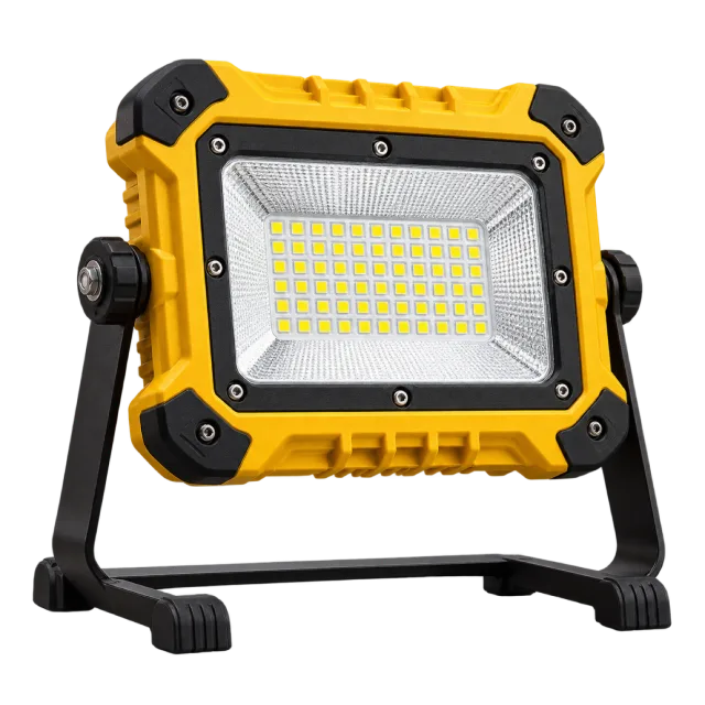 Yellow and black portable work light with a rectangular LED panel and support frame