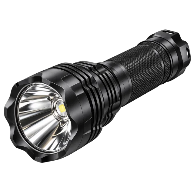 Black handheld flashlight with a ribbed body and broad reflector head