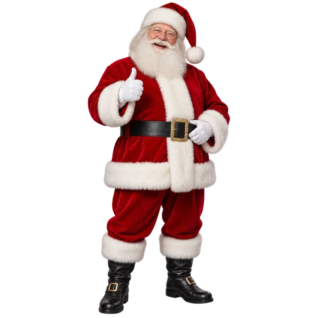 Santa Claus standing in a red suit with white trim, black belt and boots