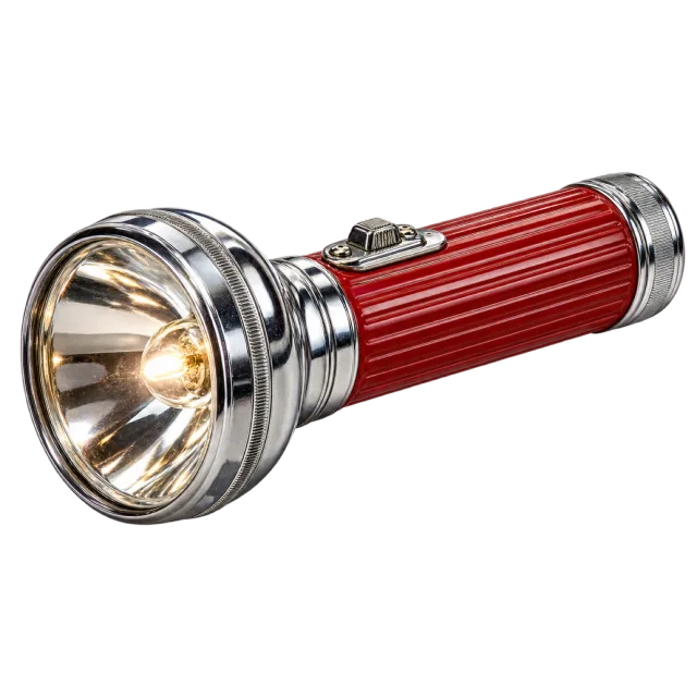 Vintage red torch with ribbed casing and a chrome-style reflector