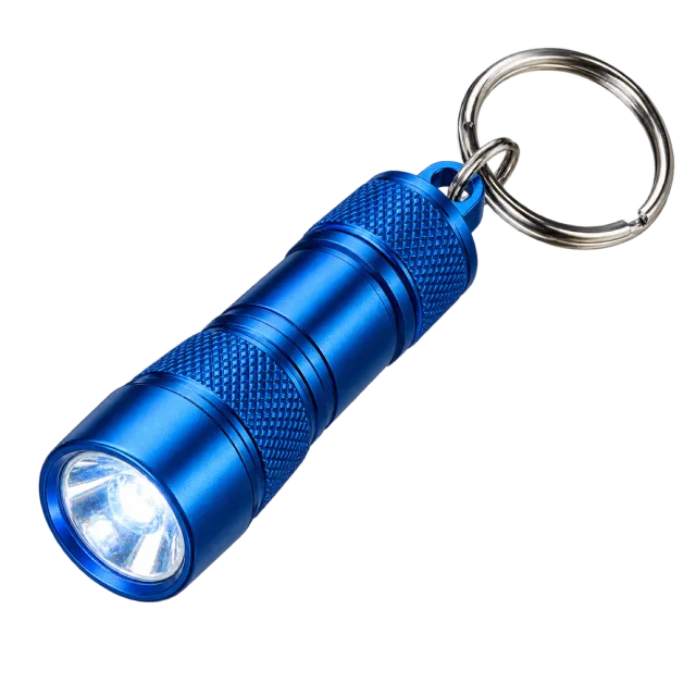 Small blue keychain flashlight with a silver split ring