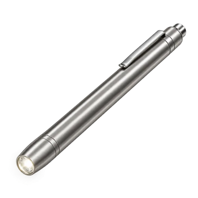 Slim silver-colored penlight with a pocket clip and illuminated tip