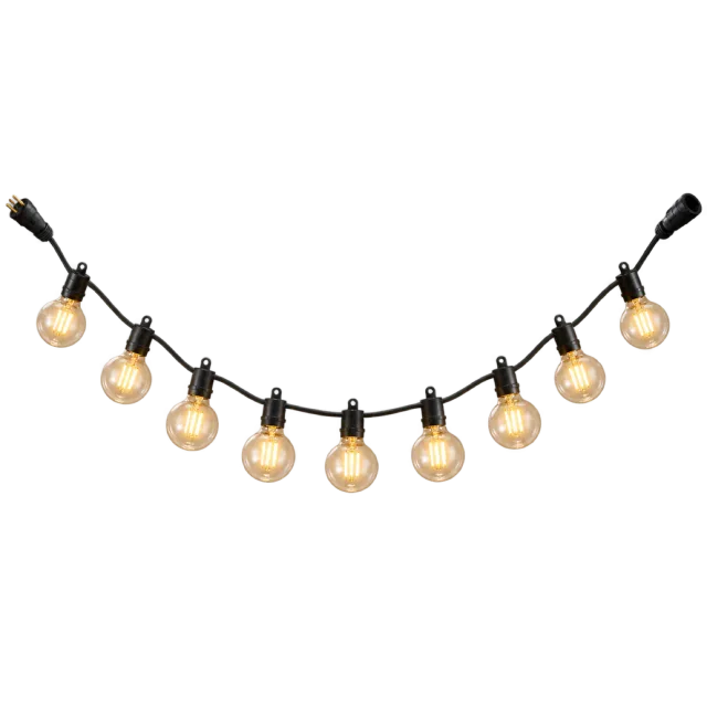 Curved black string of warm glowing globe bulbs