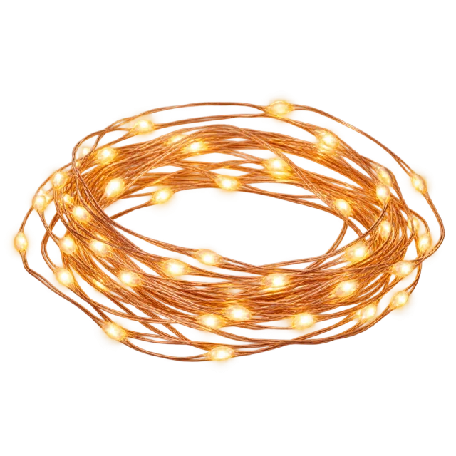 Coil of fine copper-colored wire with small warm fairy lights