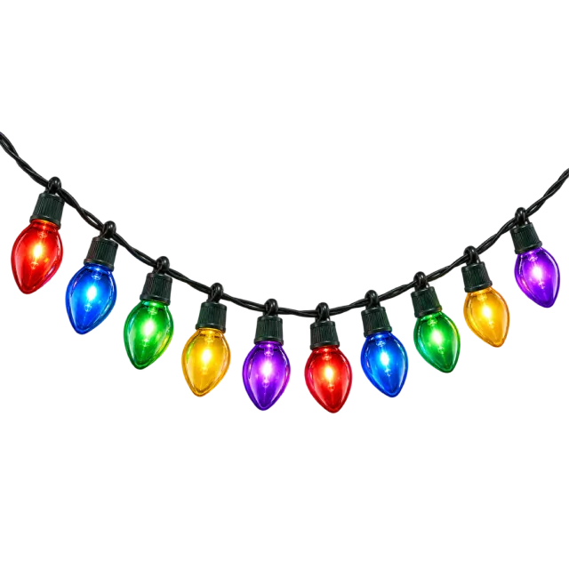 String of red, blue, green, yellow and purple decorative bulbs