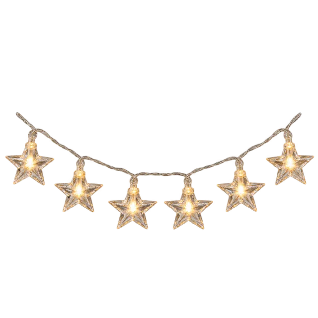 Curved string of warm glowing star-shaped lights