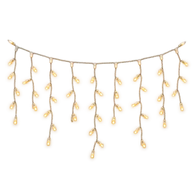 Warm icicle string lights hanging in uneven vertical strands