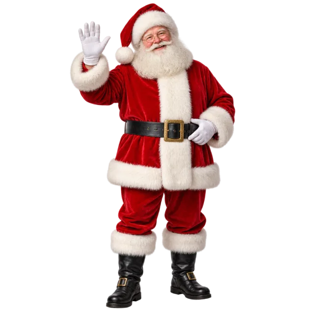 Santa Claus raising a gloved hand in a wave while wearing his red suit