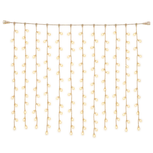 Curtain of warm fairy lights hanging in long vertical strands