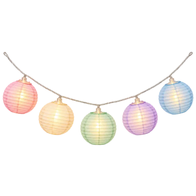 String of pastel pink, yellow, green, purple and blue paper lanterns
