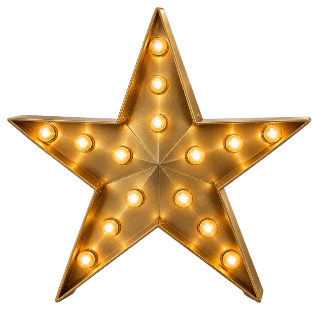 Gold-colored marquee star outlined with glowing round bulbs