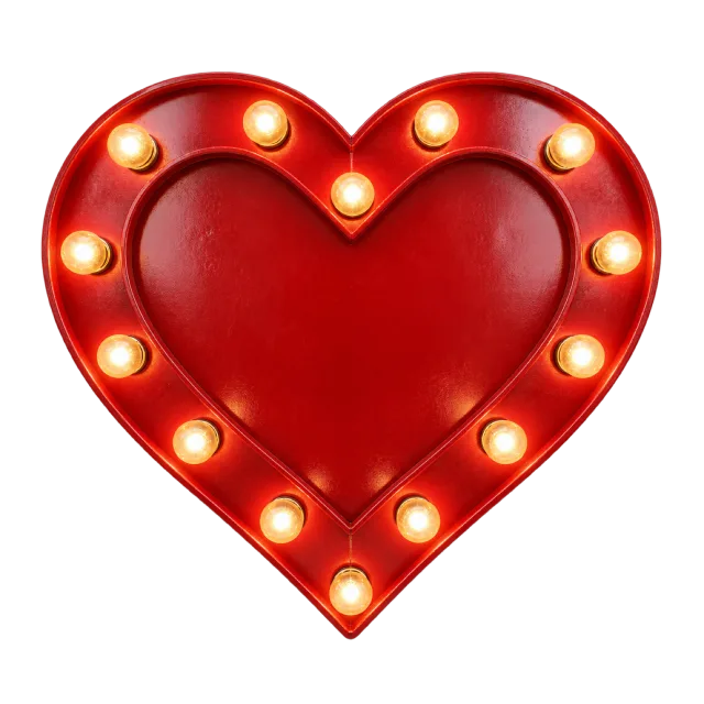 Red heart-shaped marquee light with bulbs around its border