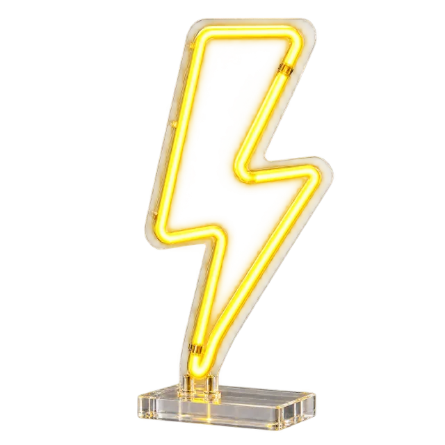 Yellow neon-style lightning bolt light on a clear base