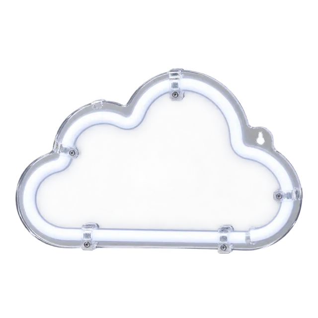 White neon-style cloud outline mounted on a clear backing