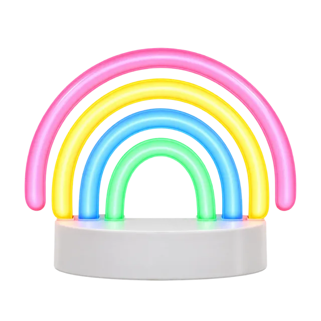 Multicolored neon-style rainbow light on a white tabletop base