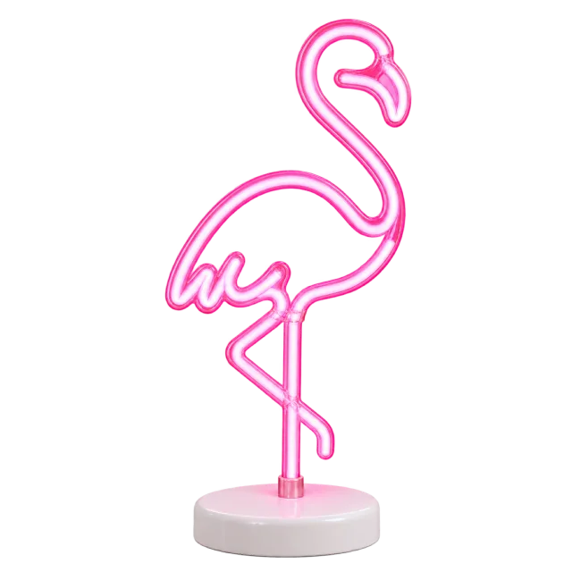 Pink neon-style flamingo outline on a small round base