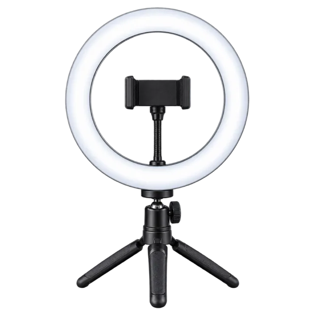 White ring light on a small tripod with a phone holder in the center