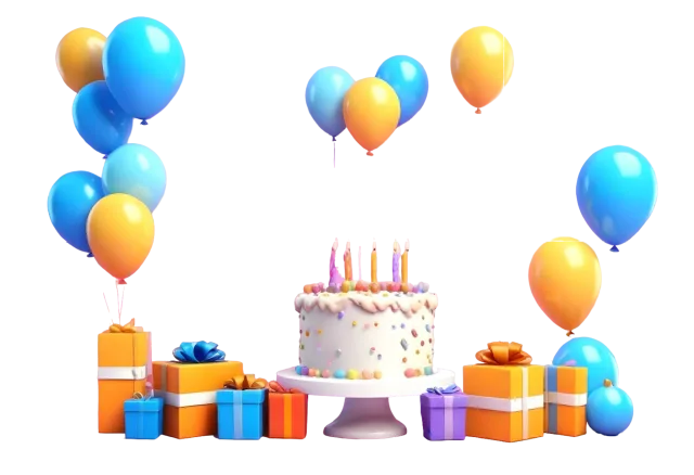 White birthday cake surrounded by colorful gift boxes and floating balloons on a transparent background