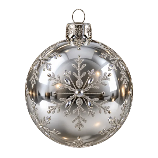 A reflective silver ornament decorated with snowflakes and fine etched details