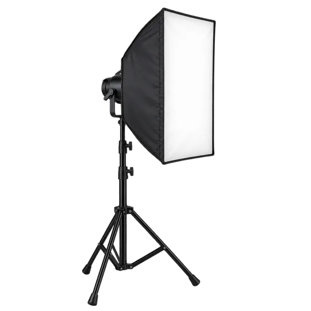 Rectangular studio softbox light on a black adjustable stand