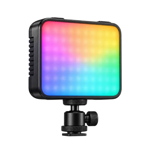Compact RGB LED-style video panel displaying a rainbow of colors