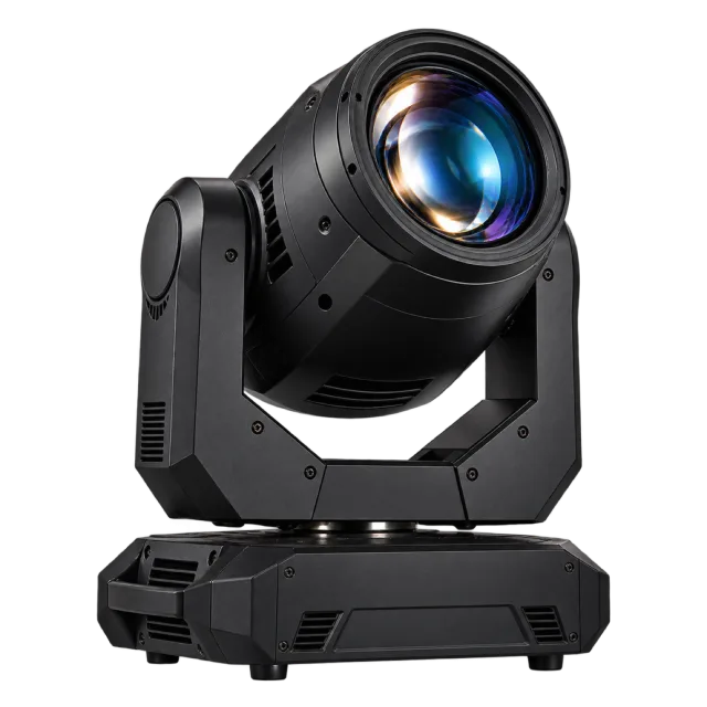 Black moving-head stage light with a blue illuminated lens