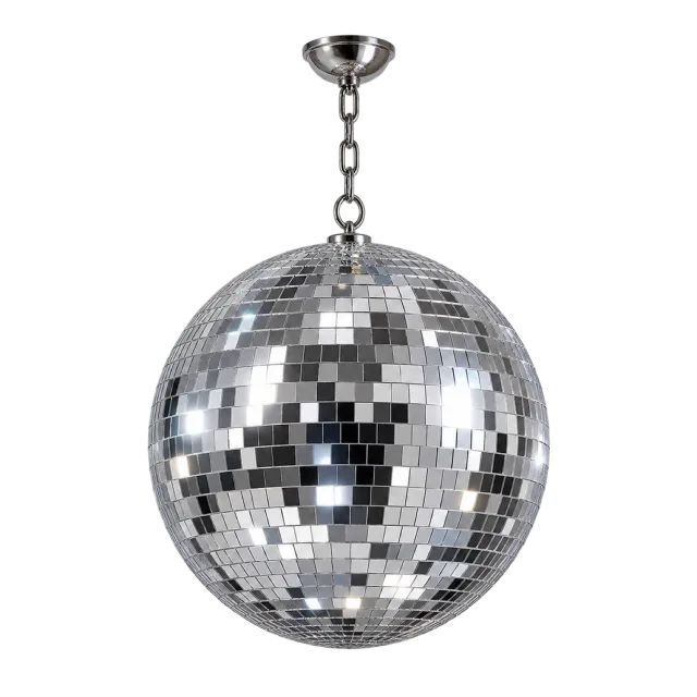 Silver mirrored disco ball suspended from a short chain