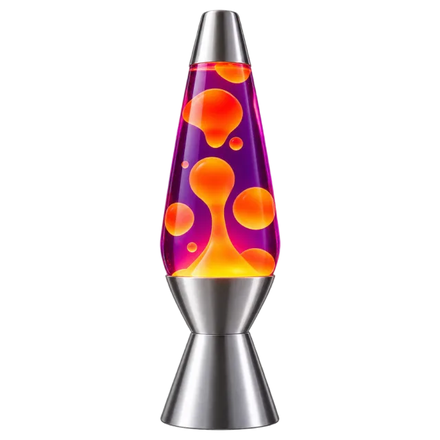 Lava lamp with orange blobs in purple liquid and a silver-colored base