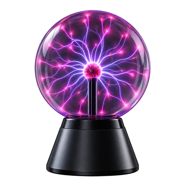 Glass plasma globe with purple electrical-style tendrils on a black base