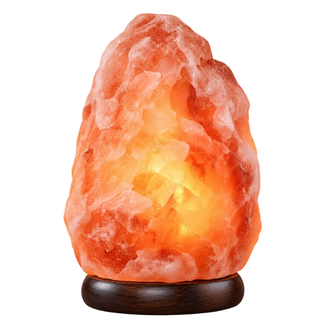 Orange salt-rock-style lamp glowing warmly on a dark round base