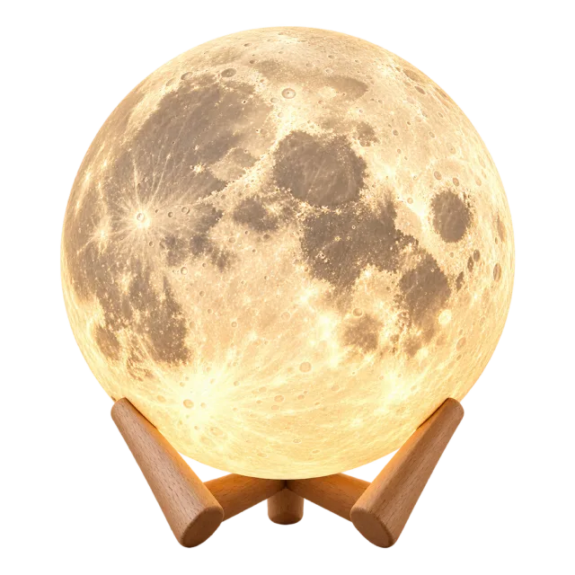 Glowing moon sphere lamp with crater details on a wooden cradle