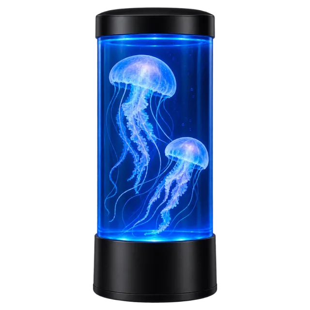 Blue cylindrical mood lamp containing two illuminated jellyfish shapes